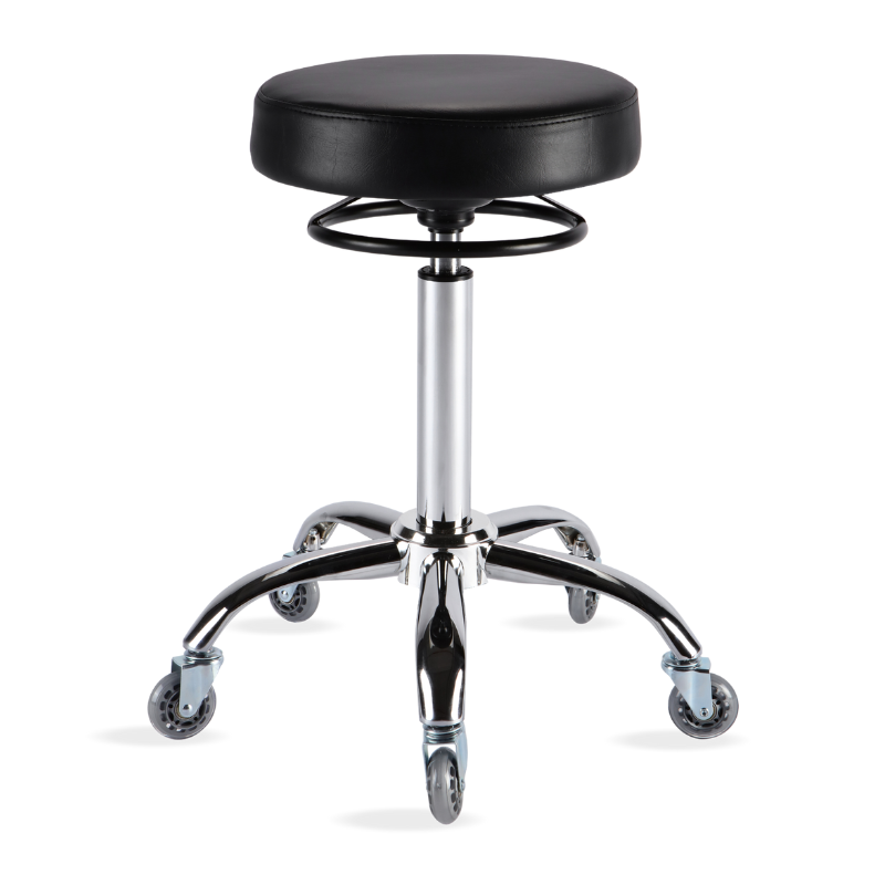 Black professional round salon stool with chrome base and adjustable height
