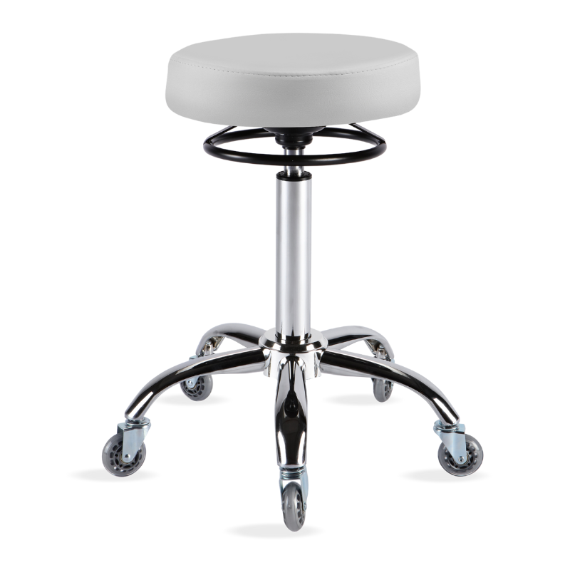 White round salon stool with chrome base suitable for beauty clinics
