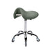 Agave green saddle stool with chrome base for professional salons