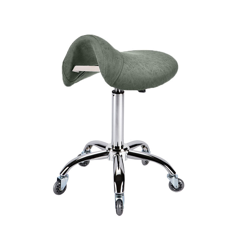 Agave green saddle stool with chrome base for professional salons