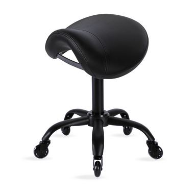 Black saddle stool with black base for barbers and beauty clinics