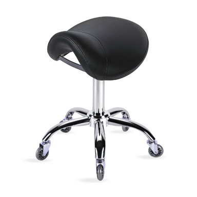 Black professional saddle stool with chrome base for salons