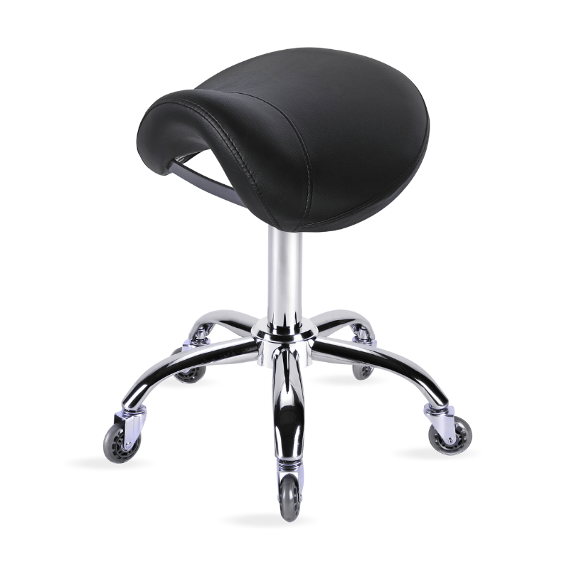 Black professional saddle stool with chrome base for salons