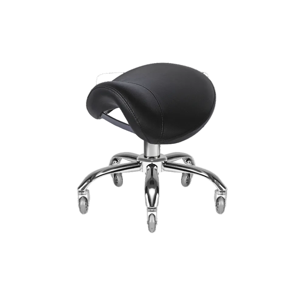 Black saddle stool with chrome PEDI base for professional salon use