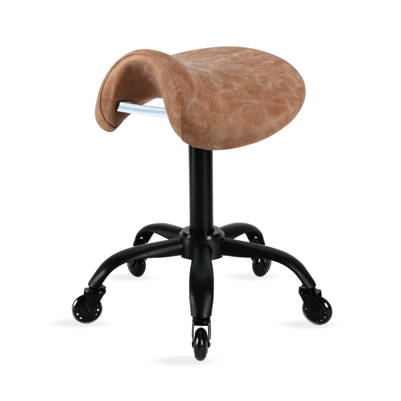 Desert saddle stool with black base for professional salon seating