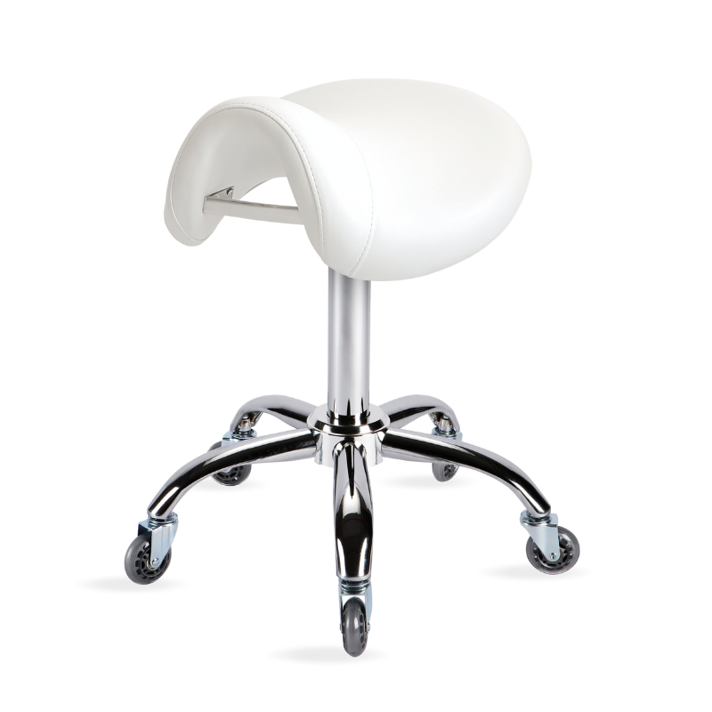 White professional saddle stool with chrome base for salon use
