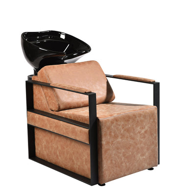 Sienna professional shampoo unit in desert rose upholstery with ceramic basin