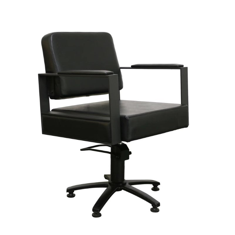 Angled view of black salon styling chair with lockable hydraulic lift