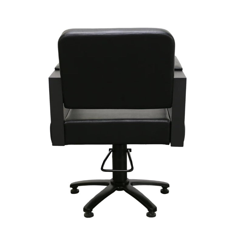 Rear view of black professional styling chair for hair salons