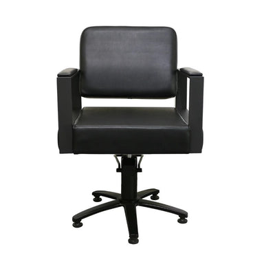 Black professional salon styling chair with hydraulic base front view