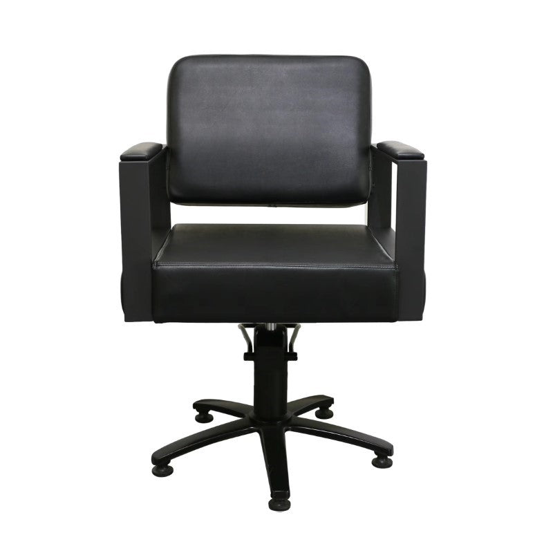 Black professional salon styling chair with hydraulic base front view