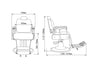 Technical line drawing of barber chair showing dimensions and recline