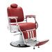 Red barber chair shown at an angle with adjustable footrest