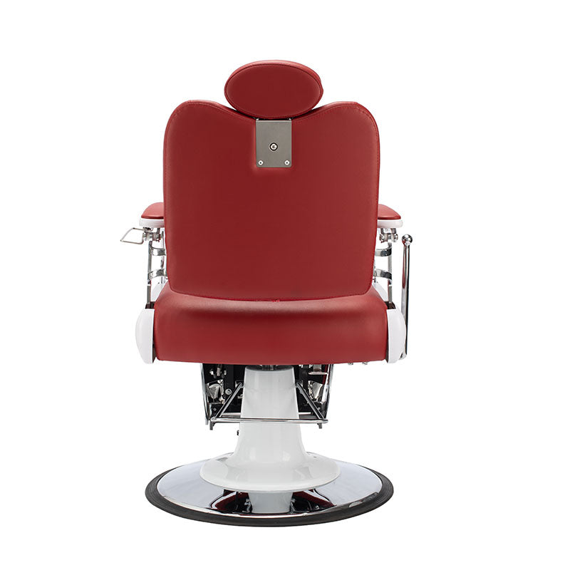Rear view of red professional barber chair upholstery and structure