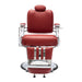 Front view of red barber chair with chrome footrest and disc base
