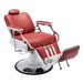 Red barber chair in reclined position suitable for shaving services