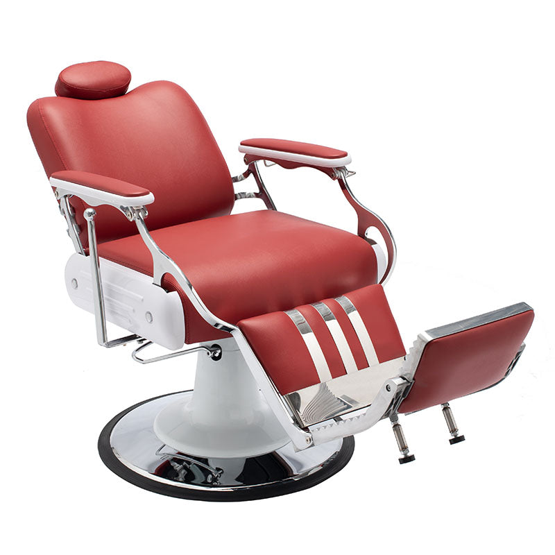 Red barber chair in reclined position suitable for shaving services