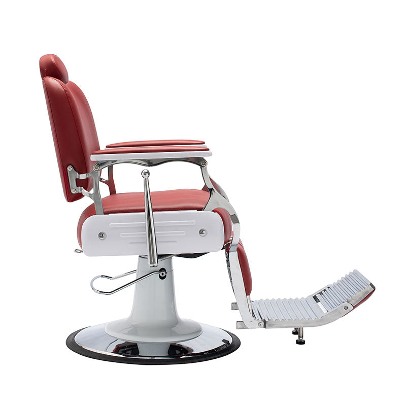 Side profile of professional red barber chair with hydraulic base