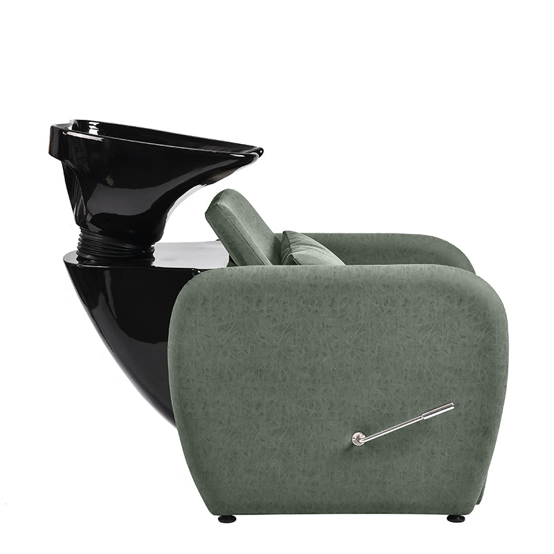 Side profile of Violeta shampoo unit in Agave upholstery