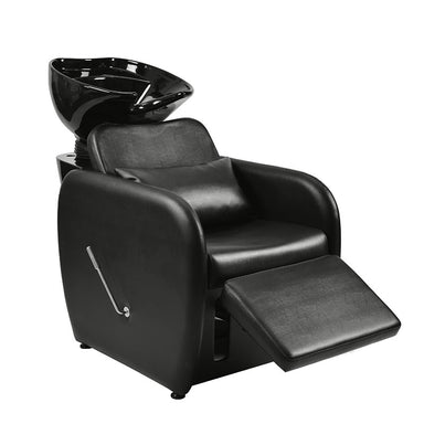 Black Violeta shampoo unit with extended footrest for client comfort