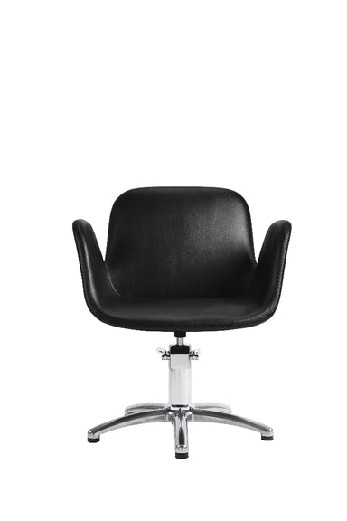 Front view of black salon styling chair with chrome base