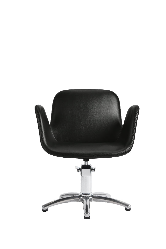 Front view of black salon styling chair with chrome base
