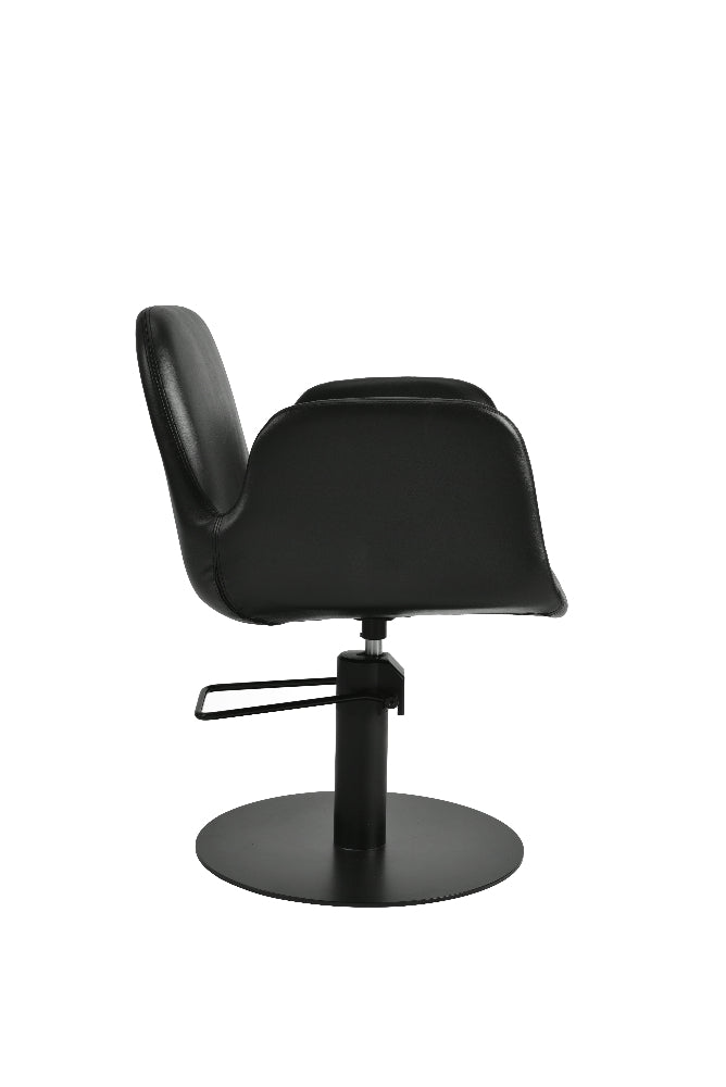 Black salon styling chair with round black hydraulic base