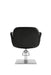 Back view of black professional styling chair with square chrome base