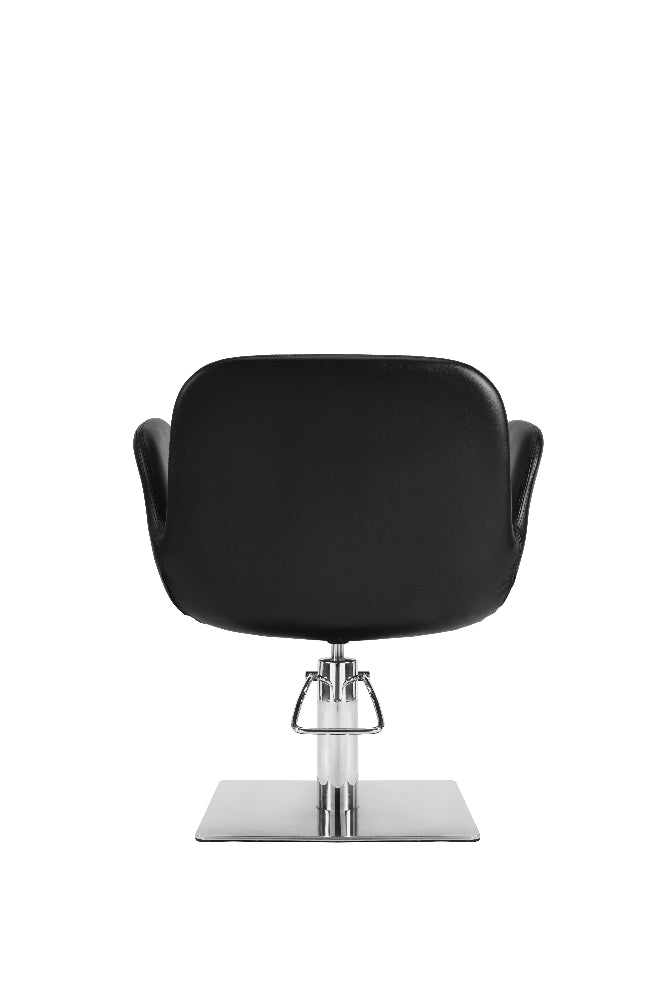 Back view of black professional styling chair with square chrome base