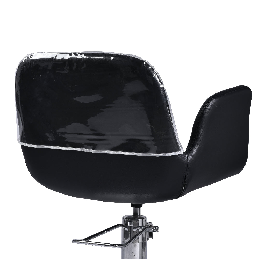 Violeta styling chair back protected with salon-grade chair cover